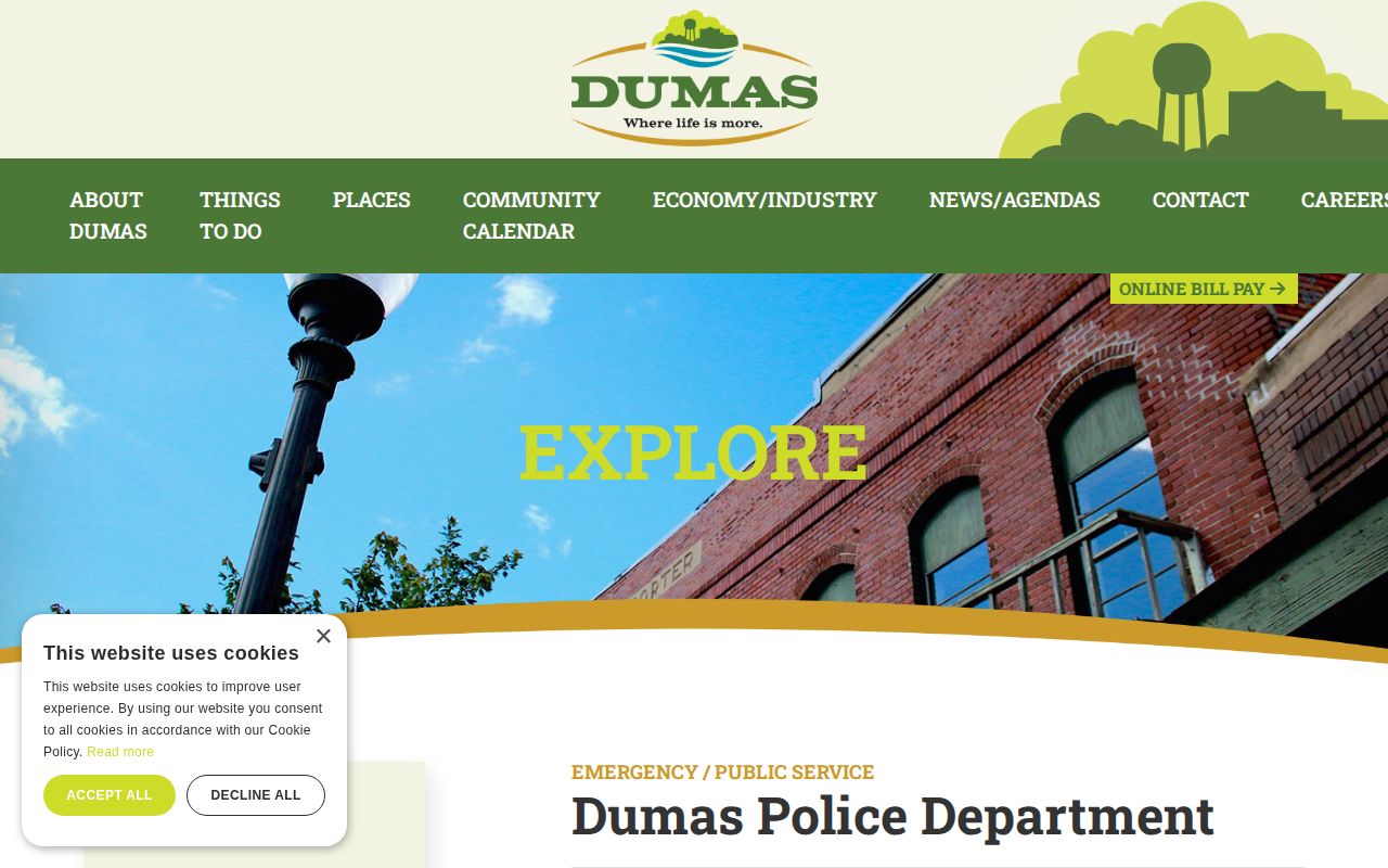 Official Dumas Police Department city webpage with agency contact information