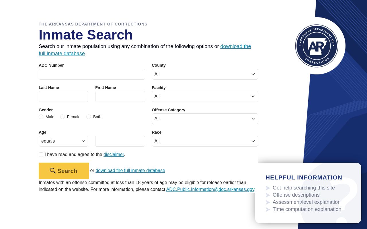 Official Arkansas Division of Correction inmate search interface