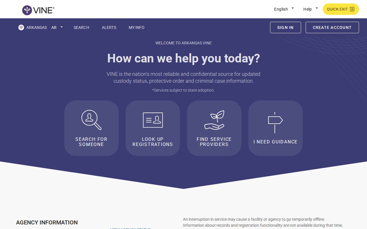 Arkansas VINELink custody search interface