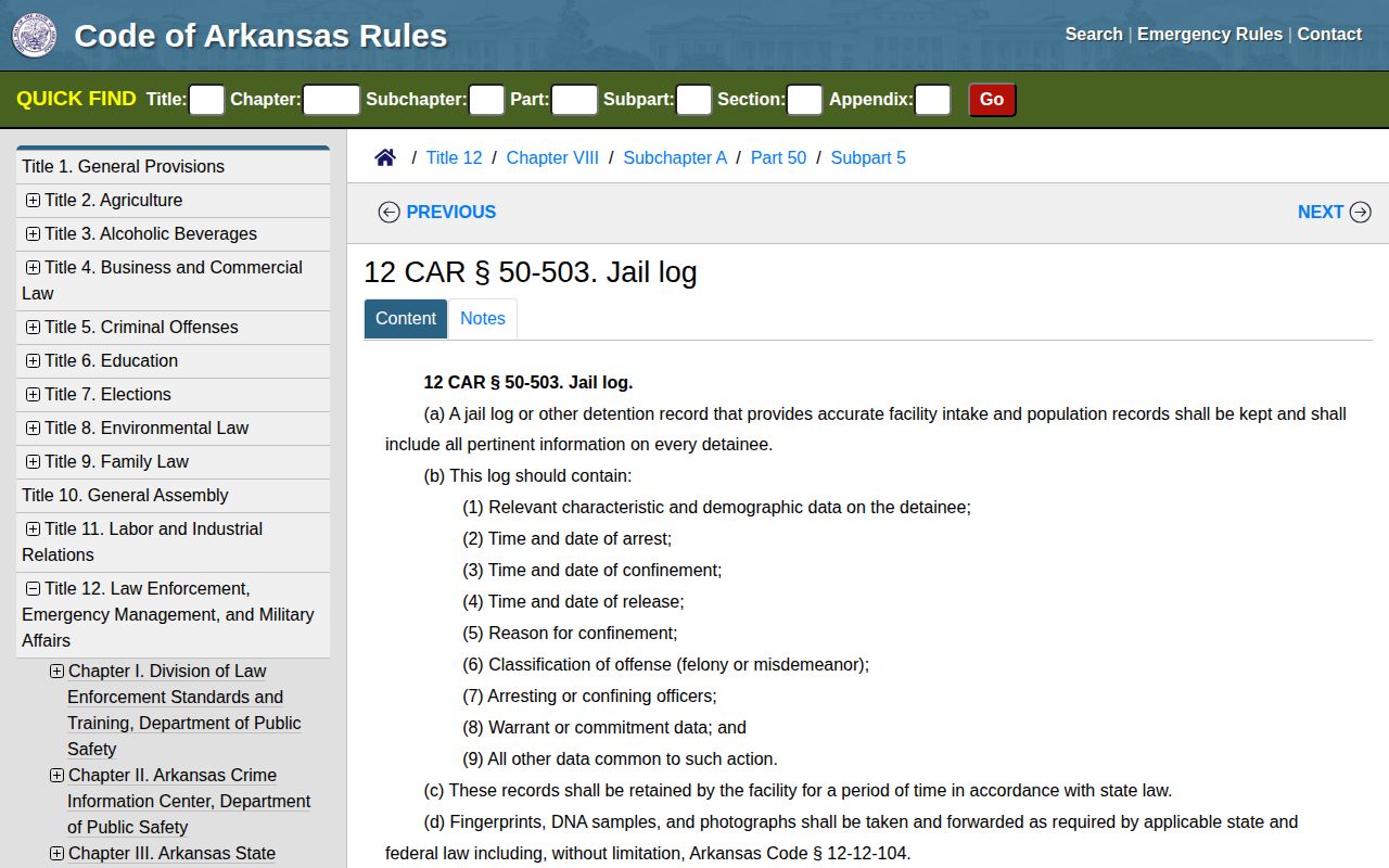 Arkansas rule page for jail log information