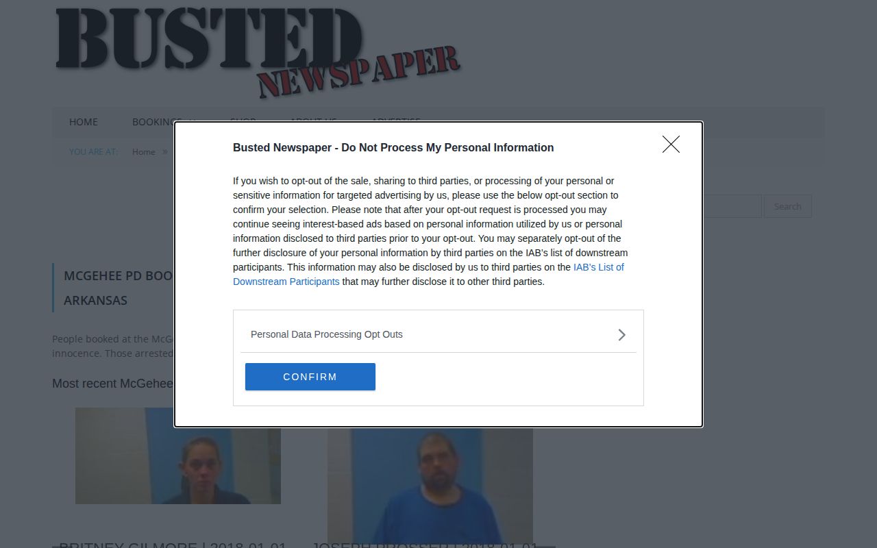 Unofficial Busted Newspaper page labeled for McGehee police bookings